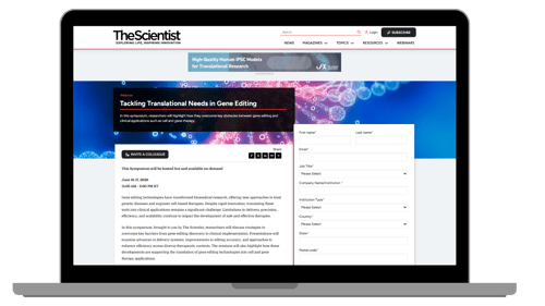 Laptop displaying The Scientist Gene Editing Symposium landing page with event details and registration form. Laptop displaying The Scientist Gene Editing Symposium landing page with event details and registration form.